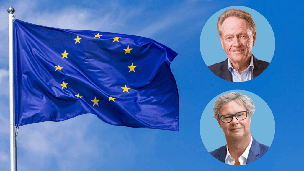 The EU flag in the sky with two portraits in two different circles.